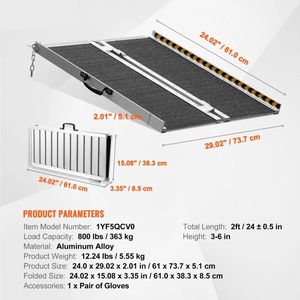 FIBILA Opvouwbaar Rolstoelhelling - Drempelhelling - Oprijplaat - Drempelhulp - Antislip - Aluminium- 24 - 60 cm