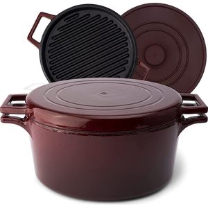 KIVY Enamelled cast iron pot with grill pan lid + silicone lid [5.2 l - 26 cm] - for all types of cookers and induction - cocotte cast iron roasting dish with lid oven-safe - cast iron casserole dish
