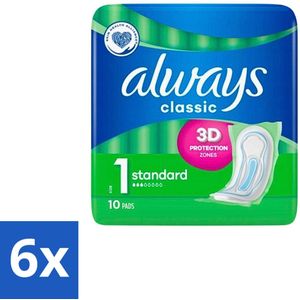 6 x Always Classic - Maandverband - Standaard - 3D Bescherming - 10 Maandverbandjes - Maandverband - Maandverband Standaard - Always Classic - Maandstonden - Hygiëne