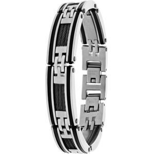 Lucardi Heren Armband mat met zwarte accenten en kabels - Staal - Armband - Cadeau - 20 cm - Zilverkleurig
