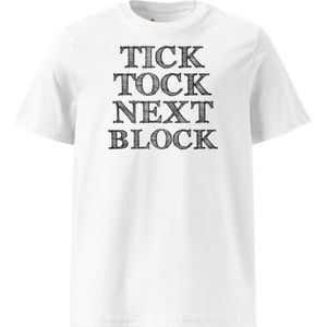 Tick Tock Next Block - Bitcoin T-shirt - Unisex - 100% Biologisch Katoen - Kleur Wit - Maat XL | Bitcoin cadeau| Crypto cadeau| Bitcoin T-shirt| Crypto T-shirt| Crypto Shirt| Bitcoin Shirt| Bitcoin Merch| Crypto Merch| Bitcoin Kleding