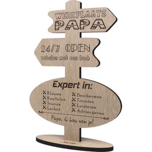 Wegwijzer werkplaats papa - cadeau Vaderdag - verjaardag vader- houten wenskaart - kaart van hout - 17.5 x 25 cm