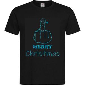 T-shirt Unisex Volwassenen Kerst Kerstmis Man Vrouw Grappig Tekst ""Merry Christmas met middelvinger"" Op Voorkant | korte mouw | Zwart/Aqua GLITTER | maat S