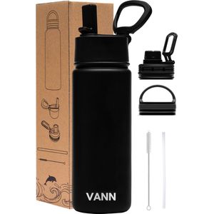 VANN® 3-Wandige Waterfles 500 ML met rietje voor volwassenen – Met 5 accessoires – RVS bidon – 24 uur koud/12 uur warm – Zwart