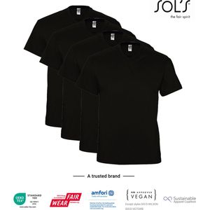 4 Pack SOLS V-hals, Heren T-Shirt 100% katoen V-hals, Zwart, Maat S