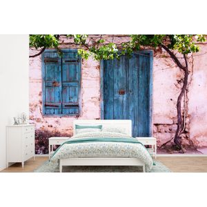 Vintage - Deur - Huis - Blauw - Boom - Behangpapier