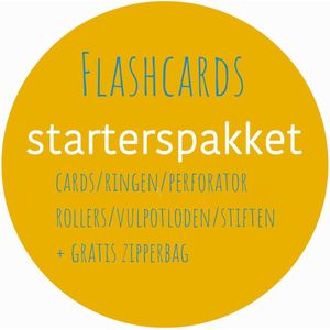 Flashcard Starterspakket inhoud: 100 Cards, 3 Ringen, 1 Perforator, 3 x Uni-Ball Rollers + 4 Vulpotloden 0.5mm van Zebra Japan + 4 Eco Markeerstiften