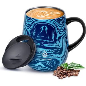 Koffiemok 470 ml (16 oz), dubbelwandige vacuüm geïsoleerde roestvrijstalen koffie- en theekop met antislip handvat en schuifmoduledeksel en groot volume (blauwe druk)