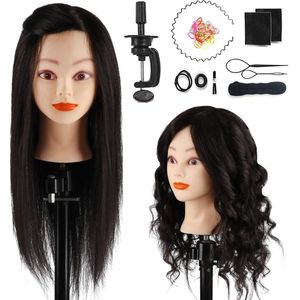 Trainingshoofd 18 inch 100% echt haar cosmetologie kappers mannequin pop met tafelklem houder + vlechtset zwart