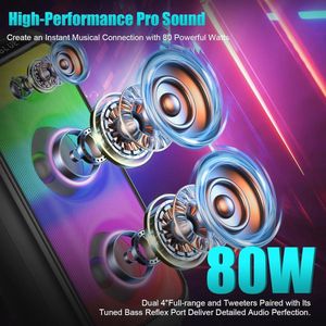 Draagbare Bluetooth Luidspreker 80 W met Rijke Bas en Kleurrijk Licht – Outdoor Stereo Luidspreker met TWS Koppeling en 10800 mAh Batterij