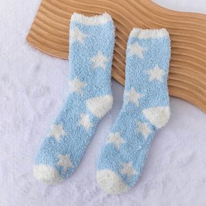Fluffy Sokken dames - huissokken - blauw - wit - print ster - sterretjes - 36-40 - cadeau - voor haar
