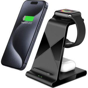 Draadloze oplader 3 in 1 voor iPhone - Oplaadstation voor Apple Watch - Geschikt voor EarPods - Snelle oplader - Zwart Oplaadstation