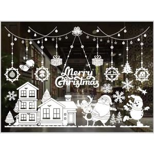 Merry christmas sticker met slingers, gebouw, kerstman, rendier en sneeuwpop 80 x 65 cm  - sticker kerst - kerst sticker - kerststicker