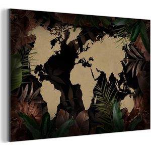 Wanddecoratie Metaal - Aluminium Schilderij Industrieel - Wereldkaart - Zwart - Tropische Planten - 60x40 cm - Dibond - Foto op aluminium - Industriële muurdecoratie - Voor de woonkamer/slaapkamer
