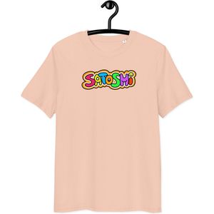Colorful Satoshi T-shirt - By BitPopArt - Bitcoin T-shirt - Unisex - 100% Biologisch Katoen - Perzik Roze - Maat S | Bitcoin cadeau| Bitcoin T-shirt| Bitcoin Shirt| Bitcoin Merch| Bitcoin Merchandise| Bitcoin Kleding| Crypto T-shirt