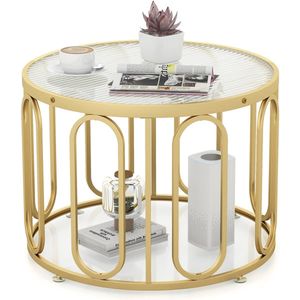 COSTWAY Ronde salontafel met 2 glasplaten en opbergruimte en draaibaar metalen frame, gouden bijzettafel, koffietafel voor woonkamer