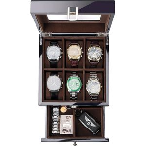 Houten horlogedoos voor mannen - horloge organizer - 6 slots - zwart - gelakt hout