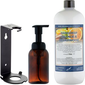 Zeepdispenser 300 ml amber bruin hervulbaar + 1 liter Handzeep Sweet Orange & Cedarwood navulling (inclusief beugel)