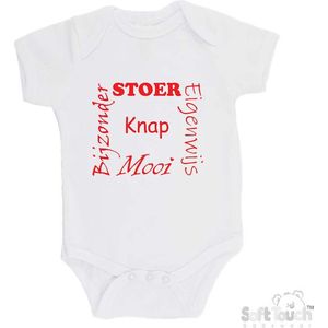 100% katoenen Romper ""Stoer Eigenwijs Mooi Bijzonder Knap"" Unisex Katoen Wit/rood Maat 68/74
