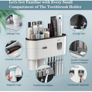 Automatische tandpastadispenser voor wandmontage, tandenborstelhouder set voor badkamer en wastafel, met 6 borstelvakken, 2 magnetische bekers, zwart