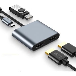 USB C naar Dual HDMI-adapter, 60Hz USB C Hub Multiport-adapter met 100W PD, USB-A, ondersteunt C naar 2 HD Splitter Extended Display, compatibel met Type-C-apparaten (MacOS ondersteunt geen MST)