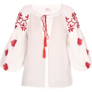 usha - FESTIVAL - Blouse - Rood - Katoen - Pofmouwen - Tuniek Kraag