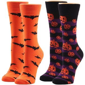 Halloweensokken voor mannen en vrouwen - Pompoen-, duivel- en vleermuissokken - twee paar (paars + oranje) - katoenen sokken met een middelhoge koker, maten 37-43