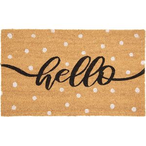 Clayre & Eef Deurmat 75x45 cm Bruin Zwart Kokosvezel Pvc Rechthoek Bolletjes Hello Kokosmat