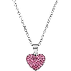 Lucardi Dames Stalen ketting hart met kristal roze - Ketting - Staal - Zilverkleurig - 47 cm