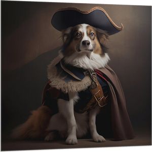 Vlag - Bruin met Zwarte Hond Verkleerd in Historisch Piraten Pak - 100x100 cm Foto op Polyester Vlag