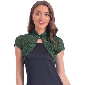 Gebreid damesvest met kant, opstaande kraag, kort, elegant, schoudervrij, Groen, Maat L - Stijlvol en comfortabel vest voor dames met kantdetail.