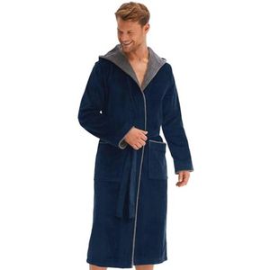 Heren Badjas Velours I 100% Katoen I Met Capuchon I Lang I Donkerblauw