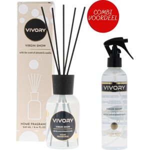 Vivory Luxe Geurstokjes 240ml & roomspray 250ml met de krachtige geur van vanille & amandel VOORDEELAANBIEDING uit de Virgin Snow collectie