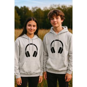 Kinder Hoodie “Headphone” – Gebroken witte Hoodie met zwarte Print – Muziekdesign voor Kids 7-8 Jaar – Unisex & Comfortabel