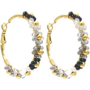 Oorbellen met Bloemen - Oorringen - RVS - 4,5 cm - Zwart en Wit