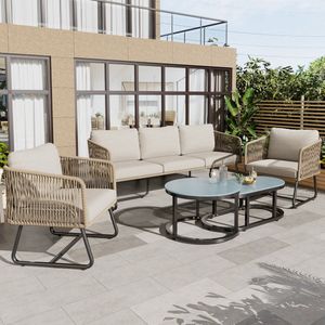 Sweiko Tuin loungeset - 3 Zits Bank + 2 Fauteuils + 2 Salontafels - Verstelbare Poten - Glazen Bovenblad - Met Kussens - Beige