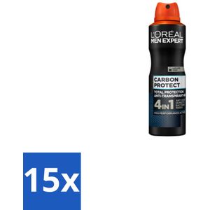 15 x L'Oréal Men Expert Deodorant Spray Carbon Protect 150 ml - Anti-vochtigheid - Anti-bacterie - Anti-vlekken - Mannen Deodorant