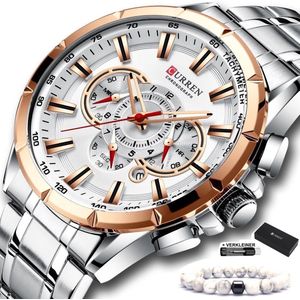 Curren - Horloge Heren - Cadeau voor Man - Horloges voor Mannen - 48 mm - Zilver Rosé Wit