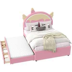 Merax Kinderbed 140x200 cm - Eenhoornvormig Bed met Uittrekbaar Logeerbed - Schuiflade en LED Verlichting - Roze Kunstleer