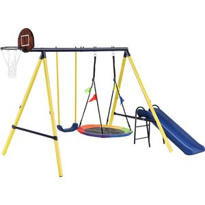 Merax Speeltoestel voor Buiten met Kunststof Schommel - Schommelset met Metalen Frame - Nestelschommel - Basketbalring - Glijbaan - Kinderen van 3 tot 8 Jaar - Geel