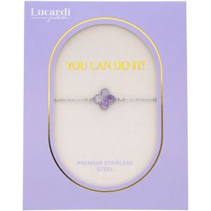 Lucardi Dames Succes wensen cadeau - Stalen armband amethyst op kaartje - Armband - Staal - Zilverkleurig - 20 cm