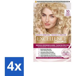 4 x L'Oréal Excellence Crème Permanente Crèmekleuring 10 Extra Lichtblond - Permanente Haarkleuring - Haarverf - Grijsdekking - L'Oréal Paris - Blond Haar