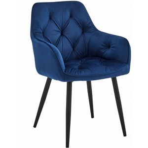 Eetkamerstoel TREVO - Blauw - Velvet - Comfortabele Designstoel met Zwarte Metalen Poten