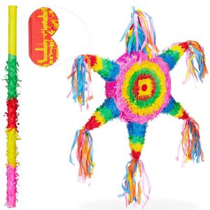 Relaxdays 3-delige Pinata set ster - pinata stok - blinddoek - mexico piniata - van papier