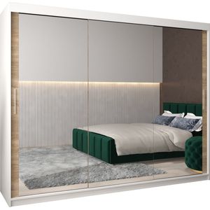 InspireMe - Kledingkast met 3 schuifdeuren, Modern-stijl, Kledingkast met planken (BxHxD): 250x200x62 - TORM III 250 Wit Mat + Sonoma Eik