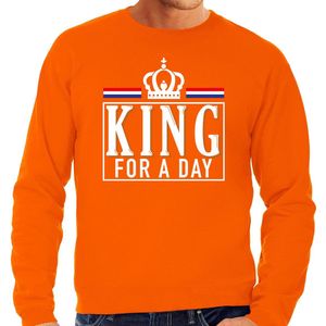 Koningsdag sweater King for a day - oranje met witte letters - heren - koningsdag outfit / kleding S