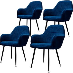 Eetkamerstoel set van 4 vierkant gewatteerd met rugleuning en armleuningen Donkerblauw Keukenstoel met microvezel fluwelen bekleding ML design