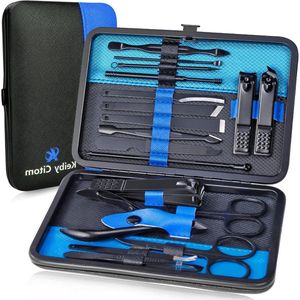 Manicureset Professionele RVS Pedicureset van 15 stuks met Case voor Reizen - Zwarte/Blauwe Nagelknipperset