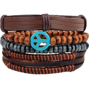 Armbanden set bruin leer met houten kralen en Peace Logo