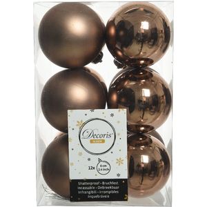 Decoris Kerstballen - 12 stuks - kunststof - walnoot bruin - 6 cm